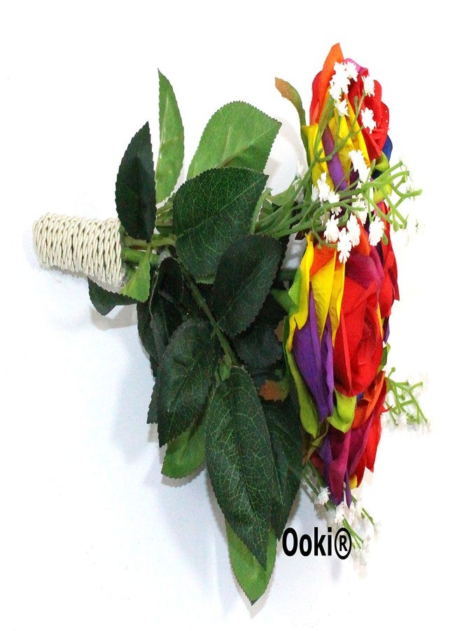 Ooki Custom Handmade Artificial Silk Rainbow Rose Toss Bouquet Bridesmaid Flower Bush Arrangement Home Decor Wedding Party Celebration Centerpiece Twine - Image 2